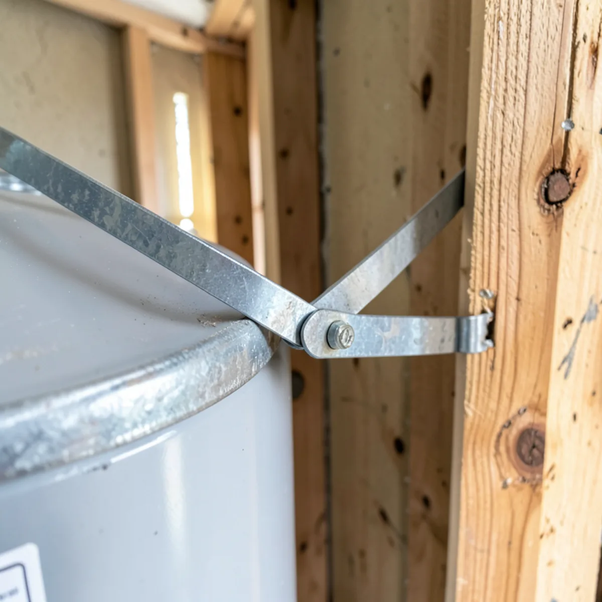 Heavy-gauge galvanized steel seismic safety straps bolted into solid wall studs around a water tank