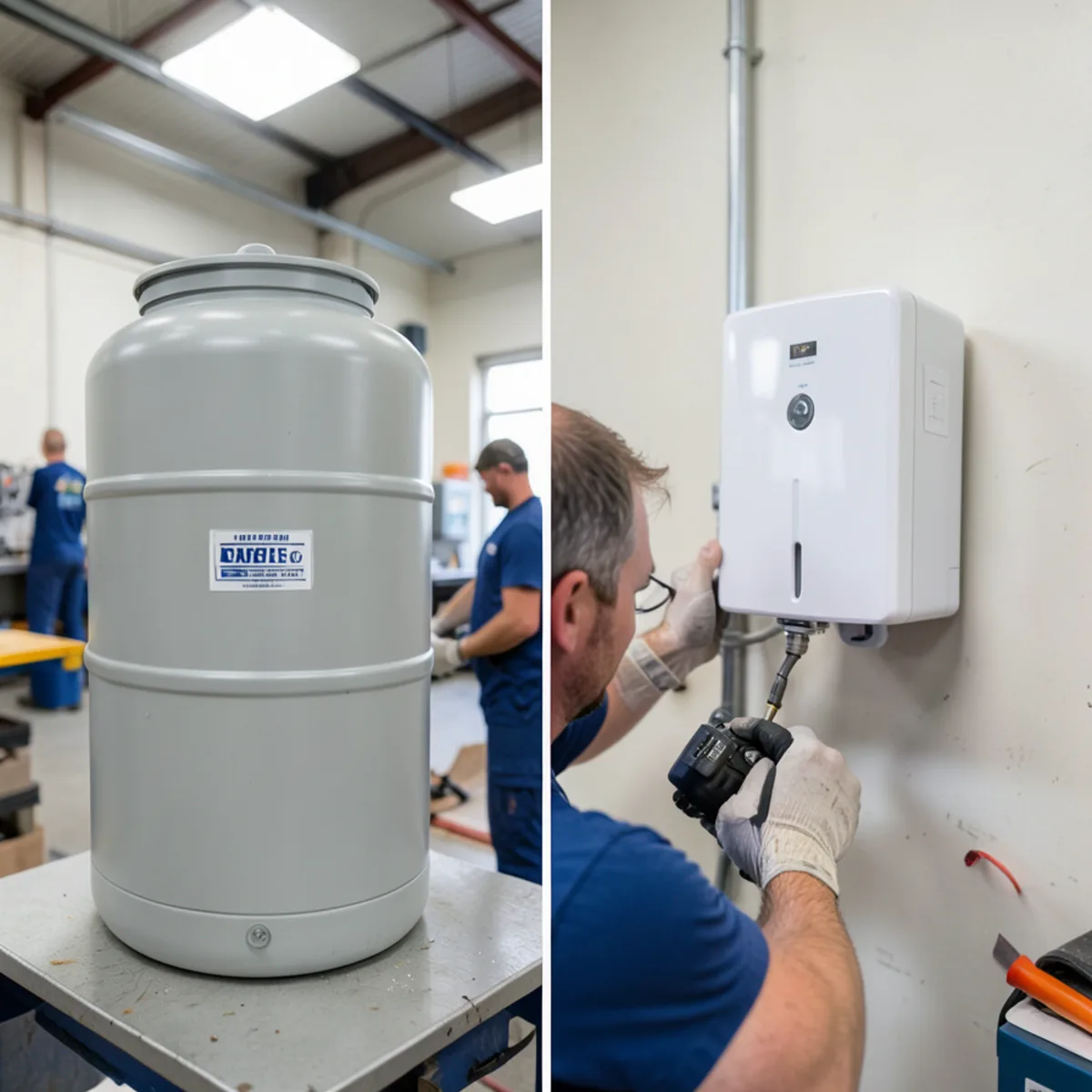 Side-by-side comparison of traditional 50-gallon tank and compact wall-mounted tankless unit